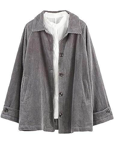 FTCayanz Damen Bluse Jacke Cordjacke Herbst Hemdjacke Übergangsjacke Elegant Langarm Shirt Mantel Grau M von FTCayanz