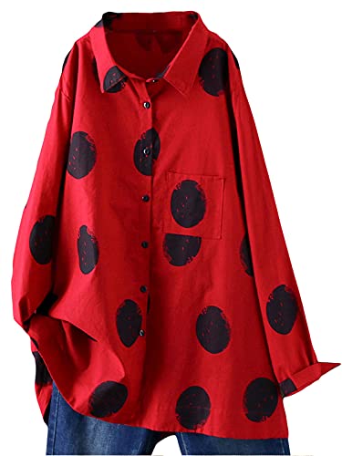 FTCayanz Damen Bluse Langarm Shirts Polka-Dots Locker Hemd Freizeit Oberteil Rot M von FTCayanz