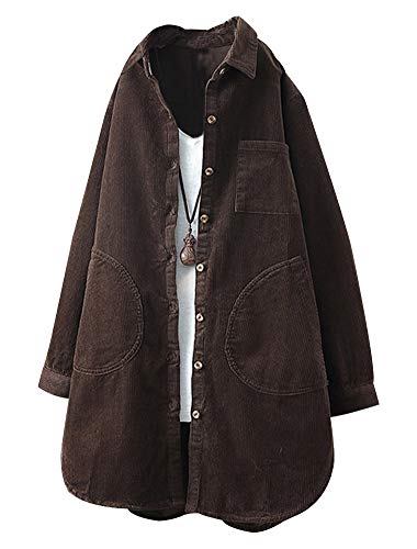 FTCayanz Damen Cord Jacke Übergangsjacke Herbst Button-Down Shirts Lang Mantel Outwear Kaffee L von FTCayanz