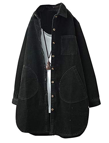 FTCayanz Damen Cord Jacke Übergangsjacke Herbst Button-Down Shirts Lang Mantel Outwear Schwarz XL von FTCayanz