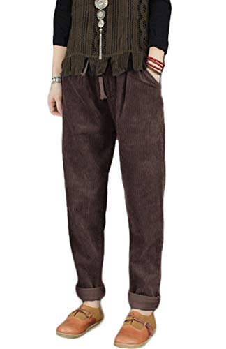 FTCayanz Damen Cordhose Haremshose Elastischer Bund Lange Hosen Freizeithose mit Tunnelzug Kaffee XXL von FTCayanz