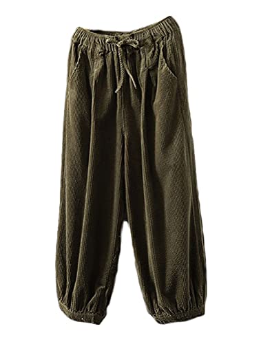 FTCayanz Damen Cordhosen Weite Hosen Elastische Taille Baumwolle Kordelug Haremshose Freizeithose mit Taschen Armeegrün L von FTCayanz