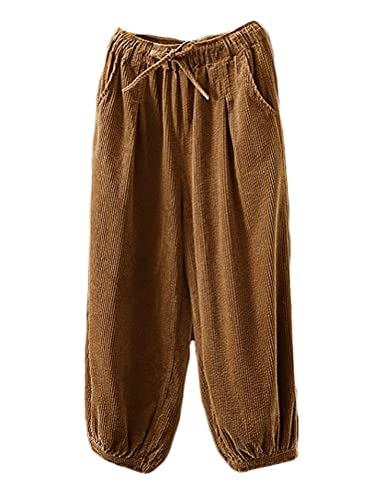 FTCayanz Damen Cordhosen Weite Hosen Elastische Taille Baumwolle Kordelug Haremshose Freizeithose mit Taschen Braun L von FTCayanz