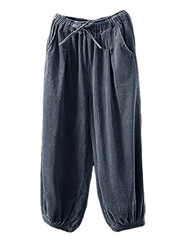 FTCayanz Damen Cordhosen Weite Hosen Elastische Taille Baumwolle Kordelug Haremshose Freizeithose mit Taschen Grau XXL von FTCayanz