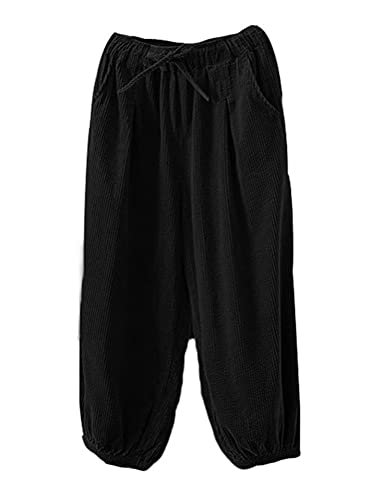 FTCayanz Damen Cordhosen Weite Hosen Elastische Taille Baumwolle Kordelug Haremshose Freizeithose mit Taschen Schwarz L von FTCayanz