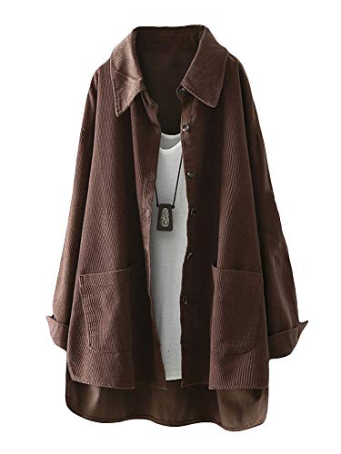 FTCayanz Damen Corduroy Hemd Jacke Casual Langarm Mantel Button Down Oberbekleidung Tops - Braun - Groß von FTCayanz