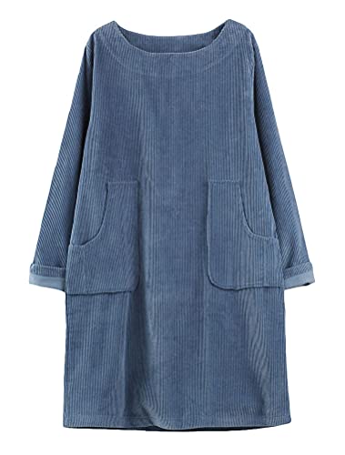 FTCayanz Damen Corduroy Tunika Kleider Rundhals Langarm Oversize Pullover Lange Cordkleid mit Taschen Jeansblau L von FTCayanz