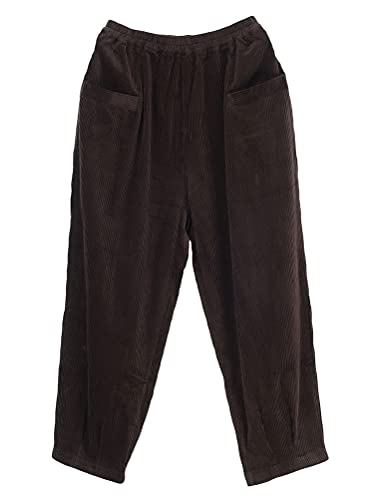 FTCayanz Damen Elastische Taille Cordhosen Baumwolle Weite Bein Haremshose Corduroy Hosen Freizeithose mit Taschen Kaffee M von FTCayanz