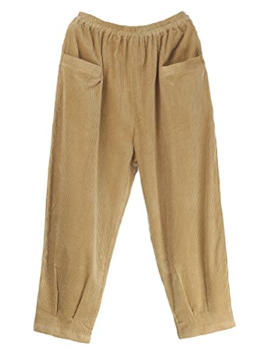 FTCayanz Damen Elastische Taille Cordhosen Baumwolle Weite Bein Haremshose Corduroy Hosen Freizeithose mit Taschen Khaki XXL von FTCayanz