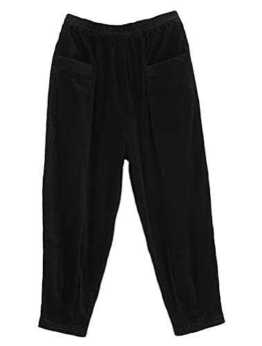 FTCayanz Damen Elastische Taille Cordhosen Baumwolle Weite Bein Haremshose Corduroy Hosen Freizeithose mit Taschen Schwarz XXL von FTCayanz