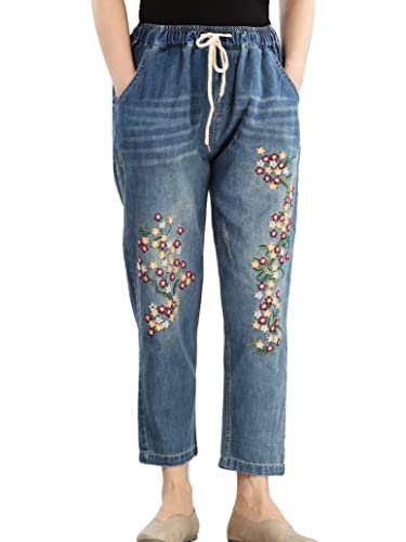 FTCayanz Damen Elastische Taille Cropped Jeans Baggy Kordelzug Stretch Denim Hose mit Taschen - - Mittel von FTCayanz