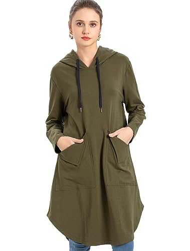 FTCayanz Damen Hoodie Kleid Langarm Kapuzenpullover Herbst Sweatkleid Lange Sweatshirts Kleider mit Taschen Armeegrün L von FTCayanz