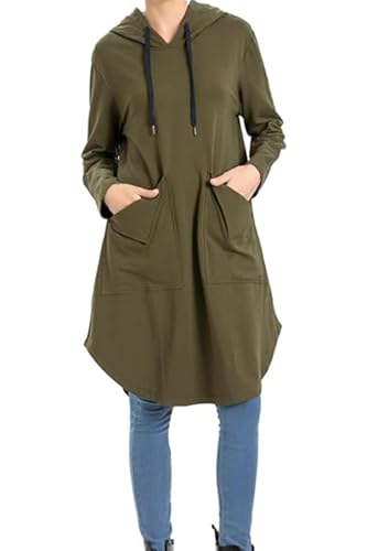 FTCayanz Damen Hoodie Kleid Langarm Kapuzenpullover Herbst Sweatkleid Lange Sweatshirts Kleider mit Taschen Armeegrün L von FTCayanz