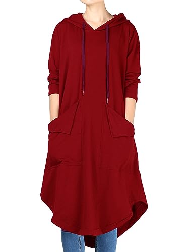FTCayanz Damen Hoodie Kleid Langarm Kapuzenpullover Herbst Sweatkleid Lange Sweatshirts Kleider mit Taschen Burgunderrot M von FTCayanz