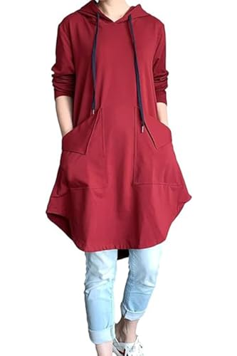 FTCayanz Damen Hoodie Kleid Langarm Kapuzenpullover Herbst Sweatkleid Lange Sweatshirts Kleider mit Taschen Burgunderrot XL FTCayanz Damen Hoodie Kleid Langarm Kapuzenpullover Herbst Sweatkleid Lange Sweatshirts Kleider mit Taschen Burgunderrot XL von FTCayanz