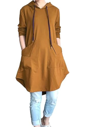 FTCayanz Damen Hoodie Kleid Langarm Kapuzenpullover Herbst Sweatkleid Lange Sweatshirts Kleider mit Taschen Dunkelgelb 2XL von FTCayanz
