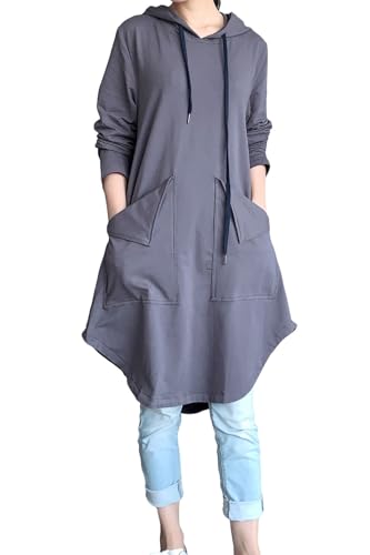 FTCayanz Damen Hoodie Kleid Langarm Kapuzenpullover Herbst Sweatkleid Lange Sweatshirts Kleider mit Taschen Grau L von FTCayanz