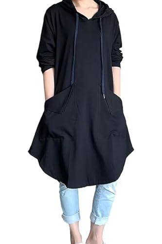 FTCayanz Damen Hoodie Kleid Langarm Kapuzenpullover Herbst Sweatkleid Lange Sweatshirts Kleider mit Taschen Schwarz L von FTCayanz