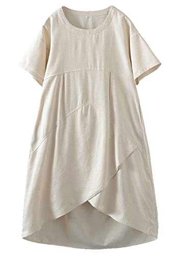 FTCayanz Damen Kleid Sommer Boho Strand Sommerkleid Elegant Leinenkleid Freizeitkleid mit Taschen Beige 2XL von FTCayanz