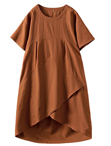 FTCayanz Damen Kleid Sommer Boho Strand Sommerkleid Elegant Leinenkleid Freizeitkleid mit Taschen Braun 2XL von FTCayanz