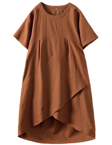 FTCayanz Damen Kleid Sommer Boho Strand Sommerkleid Elegant Leinenkleid Freizeitkleid mit Taschen Braun M von FTCayanz