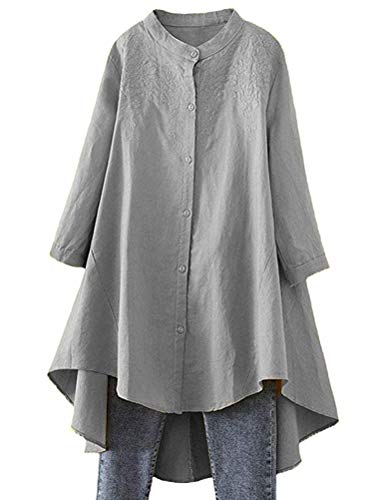 FTCayanz Damen Leinen Bluse Shirt Langarm Stickerei Hemd Elegant Langarmshirt Lang Tunika Tops Grau M von FTCayanz