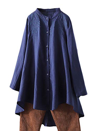 FTCayanz Damen Leinen Bluse Shirt Langarm Stickerei Hemd Elegant Langarmshirt Lang Tunika Tops Marine L FTCayanz Damen Leinen Bluse Shirt Langarm Stickerei Hemd Elegant Langarmshirt Lang Tunika Tops Marine L von FTCayanz