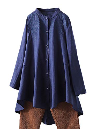 FTCayanz Damen Leinen Bluse Shirt Langarm Stickerei Hemd Elegant Langarmshirt Lang Tunika Tops Marine M von FTCayanz