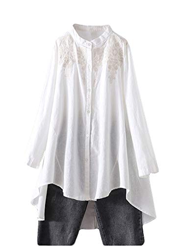 FTCayanz Damen Leinen Bluse Shirt Langarm Stickerei Hemd Elegant Langarmshirt Lang Tunika Tops Weiß M von FTCayanz