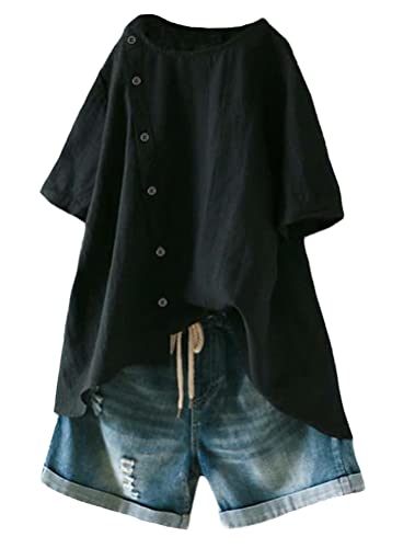 FTCayanz Damen Leinen Bluse Tunika Sommer Kurzarm T-Shirt Elegant Oberteil Schwarz M von FTCayanz