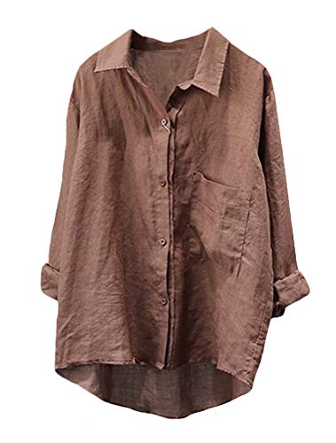 FTCayanz Damen Leinen Blusen Langarmshirt Große Größen Freizeit Tunika Oberteil Locker Hemd Shirts 2-Kaffee S von FTCayanz