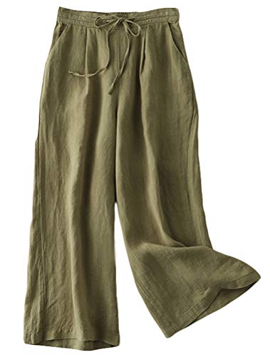 FTCayanz Damen Leinen Culottes Hose Leichte Weitem Bein Sommerhose mit Kordelzug Armeegrün M von FTCayanz