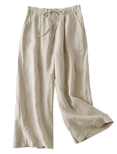 FTCayanz Damen Leinen Culottes Hose Leichte Weitem Bein Sommerhose mit Kordelzug Beige L von FTCayanz