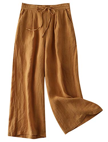 FTCayanz Damen Leinen Culottes Hose Leichte Weitem Bein Sommerhose mit Kordelzug Gelb L von FTCayanz