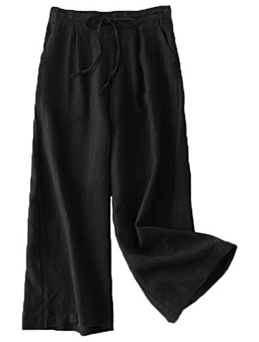 FTCayanz Damen Leinen Culottes Hose Leichte Weitem Bein Sommerhose mit Kordelzug Schwarz L von FTCayanz