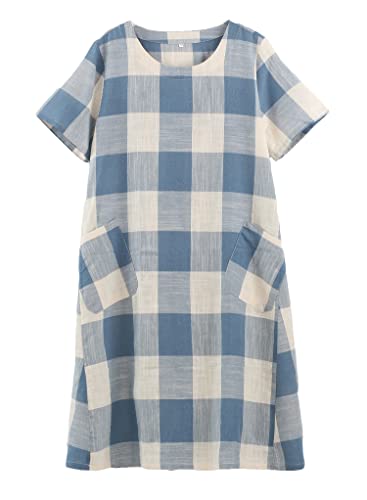 FTCayanz Damen Leinen Hemd Kleider Sommer Casual Kurzarm Plaid Tunika Midi Kleid - Blau - X-Groß von FTCayanz