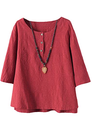 FTCayanz Damen Leinen Tops Shirts Sommer Casual Jacquard Tunika Bluse, Rot/Ausflug, einfarbig (Getaway Solids), XX-Large von FTCayanz