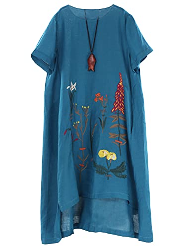 FTCayanz Damen Leinen Tunika Kleider Sommer Boho Gestickt Leinenkleider Strand Sommerkleider mit Taschen Art 1-Blau L von FTCayanz