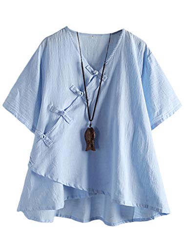 FTCayanz Damen Leinen Tunika Tops V-Ausschnitt Knopfleiste Bluse Kurzarm T-Shirt Blau M von FTCayanz