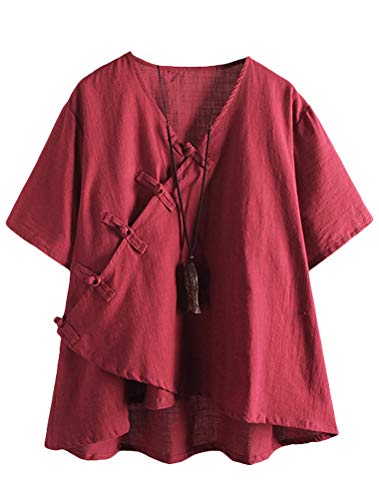 FTCayanz Damen Leinen Tunika Tops V-Ausschnitt Knopfleiste Bluse Kurzarm T-Shirt Burgund M von FTCayanz