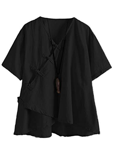 FTCayanz Damen Leinen Tunika Tops V-Ausschnitt Knopfleiste Bluse Kurzarm T-Shirt Schwarz L von FTCayanz