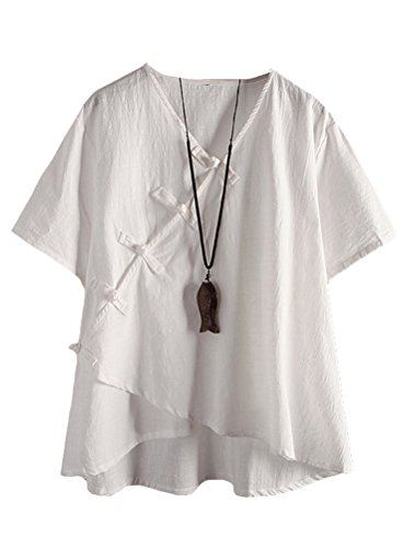 FTCayanz Damen Leinen Tunika Tops V-Ausschnitt Knopfleiste Bluse Kurzarm T-Shirt Weiß M von FTCayanz