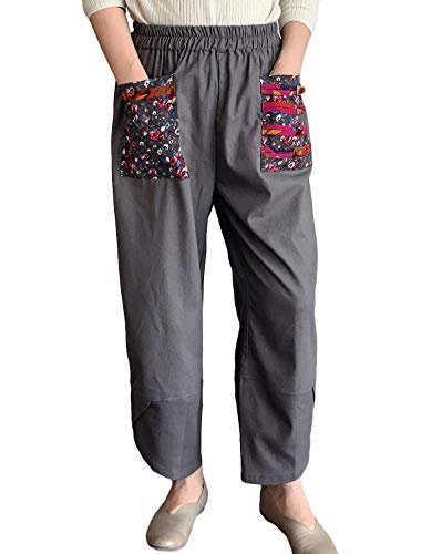 FTCayanz Damen Leinen Weite Hose Casual Patchwark Elastischer Bund Haremshosen (M, Grau) von FTCayanz