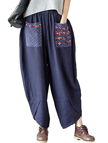 FTCayanz Damen Leinen Weite Hose Casual Patchwark Elastischer Bund Haremshosen Navy XL von FTCayanz