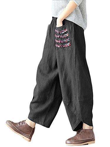 FTCayanz Damen Leinen Weite Hose Casual Patchwark Elastischer Bund Haremshosen Schwarz M von FTCayanz