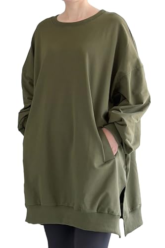 FTCayanz Damen Neu Oversize T-Shirt Langarm Casual Tunika Tops Sweatshirt Armee Grün XL von FTCayanz