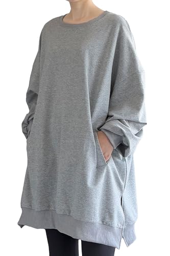 FTCayanz Damen Neu Oversize T-Shirt Langarm Casual Tunika Tops Sweatshirt Hellgrau XL von FTCayanz
