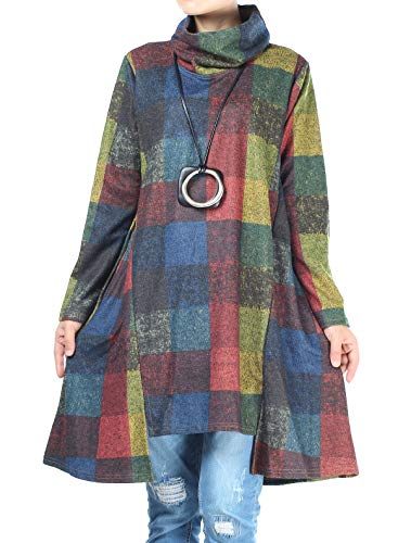 FTCayanz Damen Rollkragen Tunika Kleid Vintage Langarm Kariert Shirt A-Linie Pullover Oberteile mit Taschen Blau L von FTCayanz