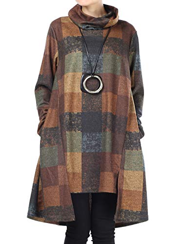 FTCayanz Damen Rollkragen Tunika Kleid Vintage Langarm Kariert Shirt A-Linie Pullover Oberteile mit Taschen Gelb XL von FTCayanz