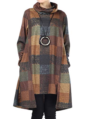 FTCayanz Damen Rollkragen Tunika Kleid Vintage Langarm Kariert Shirt A-Linie Pullover Oberteile mit Taschen Gelb XXL von FTCayanz